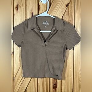 Hollister Baby Tee Crop Top Brown Collared Juniors Size Small